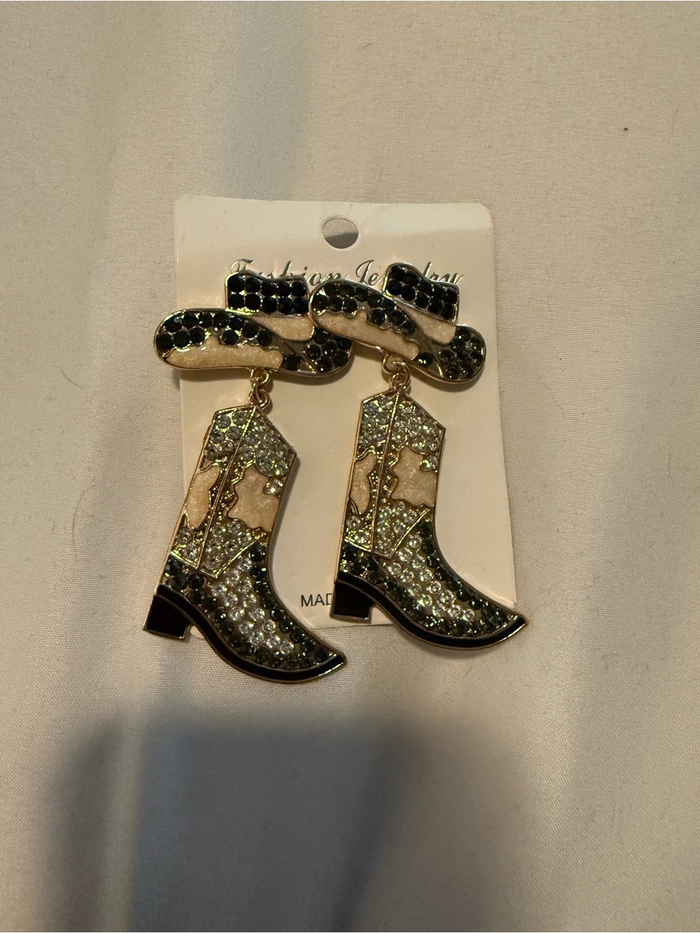 Fashion Jewelry Pink/Salmon Tone Black Rhinestone Cowboy Boot Drop Earrings